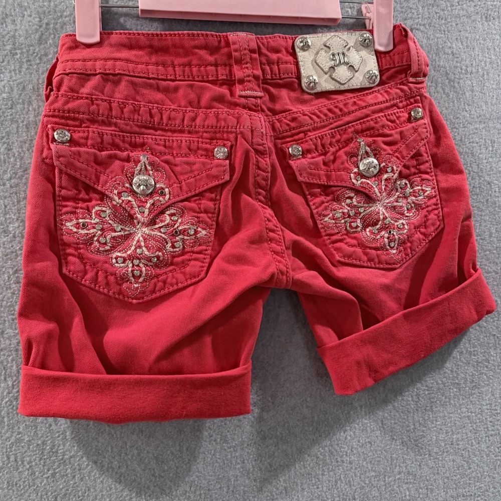 Vintage Y2K Miss Me Red Denim Shorts Embellished Rhinestone Flap Pocket Size 25 - Picture 2 of 7